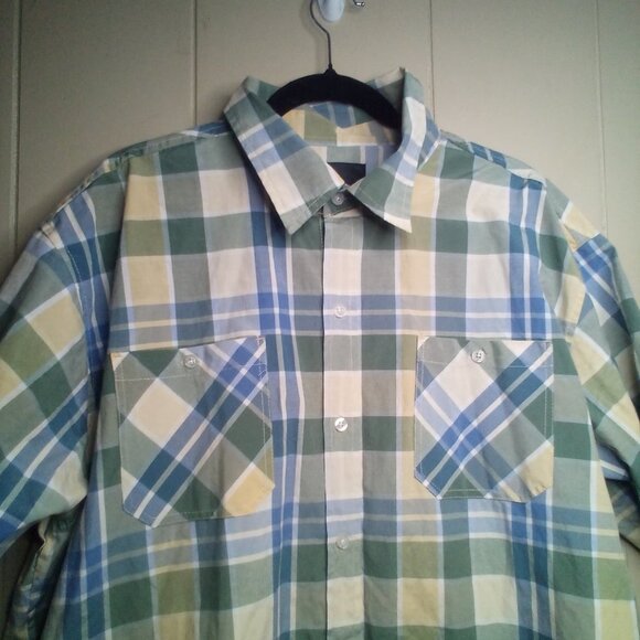 Akademiks Button Up Shirt 3XL Short Sleeve Plaid Green Blue - Picture 9 of 11
